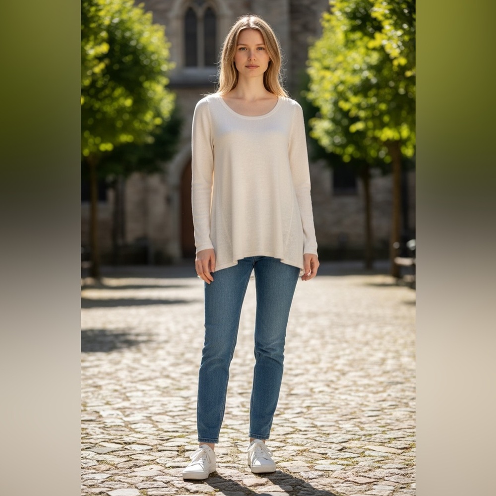Eileen Fisher White Soft Linen Knit Scoop-Neck Top Long Sleeves